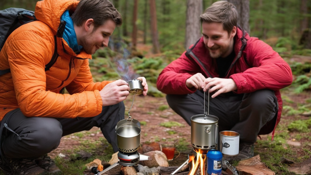 2 males huddle around camp fire with a camping stove in front of them