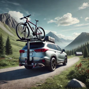 A high-quality, realistic image of a car with a premium bike rack attached, carrying two bicycles. The car is parked near a scenic mountain trail with