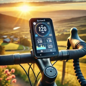 A high-resolution image showcasing a sleek Garmin Edge 840 bike computer mounted on a professional road bike handlebars during a scenic sunrise ride.