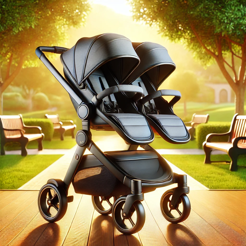 A realistic illustration of a high-quality double stroller, featuring a sleek design with two seats (side-by-side) in a vibrant outdoor park setting.