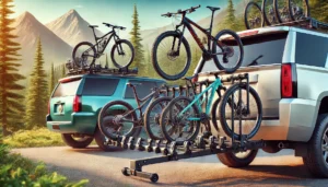 A detailed image of a variety of hitch bike racks attached to SUVs and trucks in an outdoor setting, showcasing different styles like platform, hangin