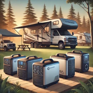 DALL·E 2024-12-18 22.29.21 - A high-quality illustration of five premium RV generators, each designed for quiet and efficient power. The generators are displayed in a scenic camps