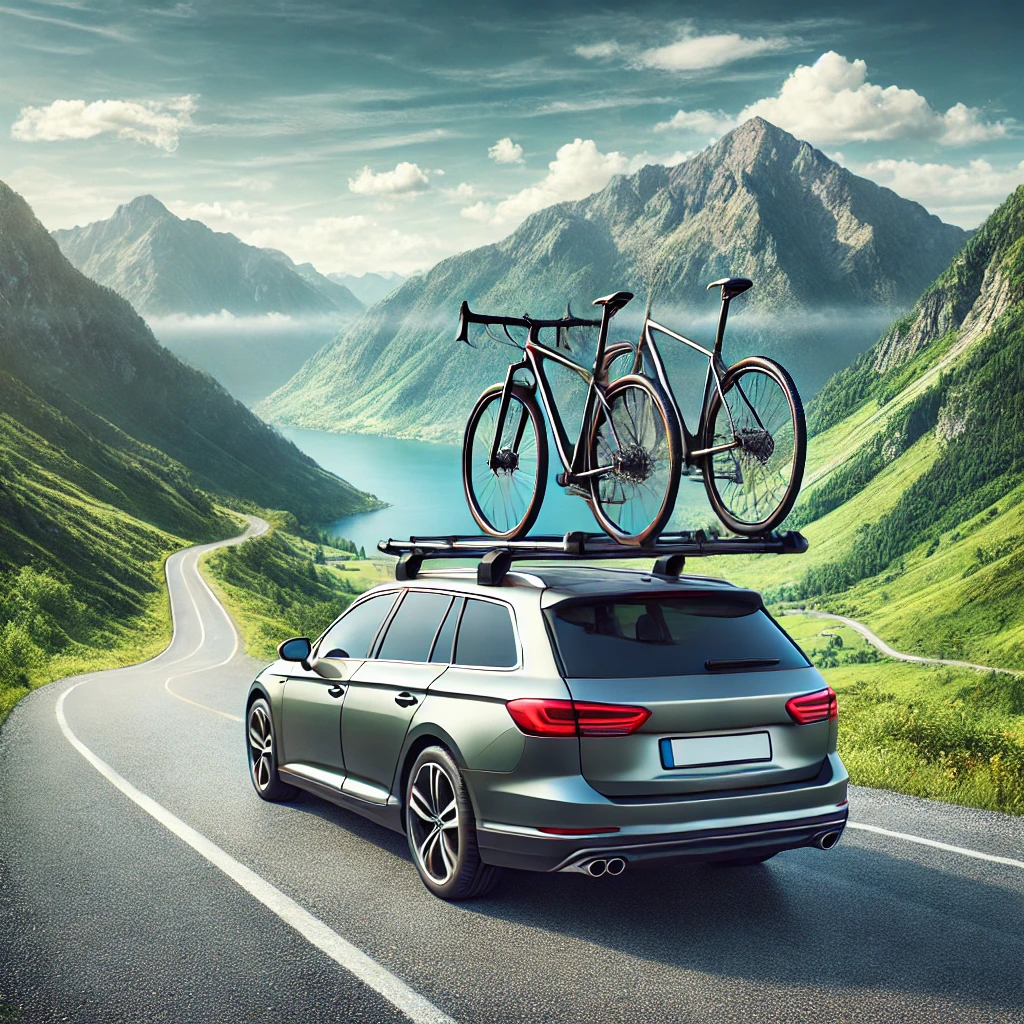 An image of a modern car with a sleek roof bike rack, securely carrying two bicycles on a scenic mountain road. The background features lush green mou