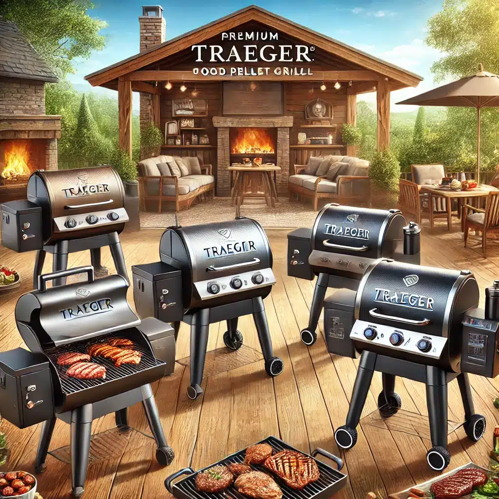 A high-quality illustration of five premium Traeger grills displayed in an inviting outdoor BBQ setting. Each grill showcases sleek designs with wood 