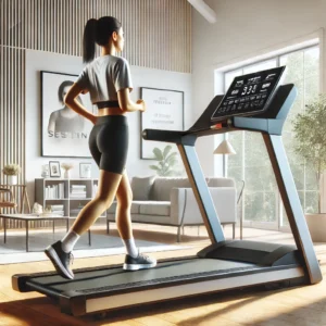 A realistic image of a person walking on a treadmill in a bright and modern home gym. The treadmill is sleek and well-designed, with a large interacti