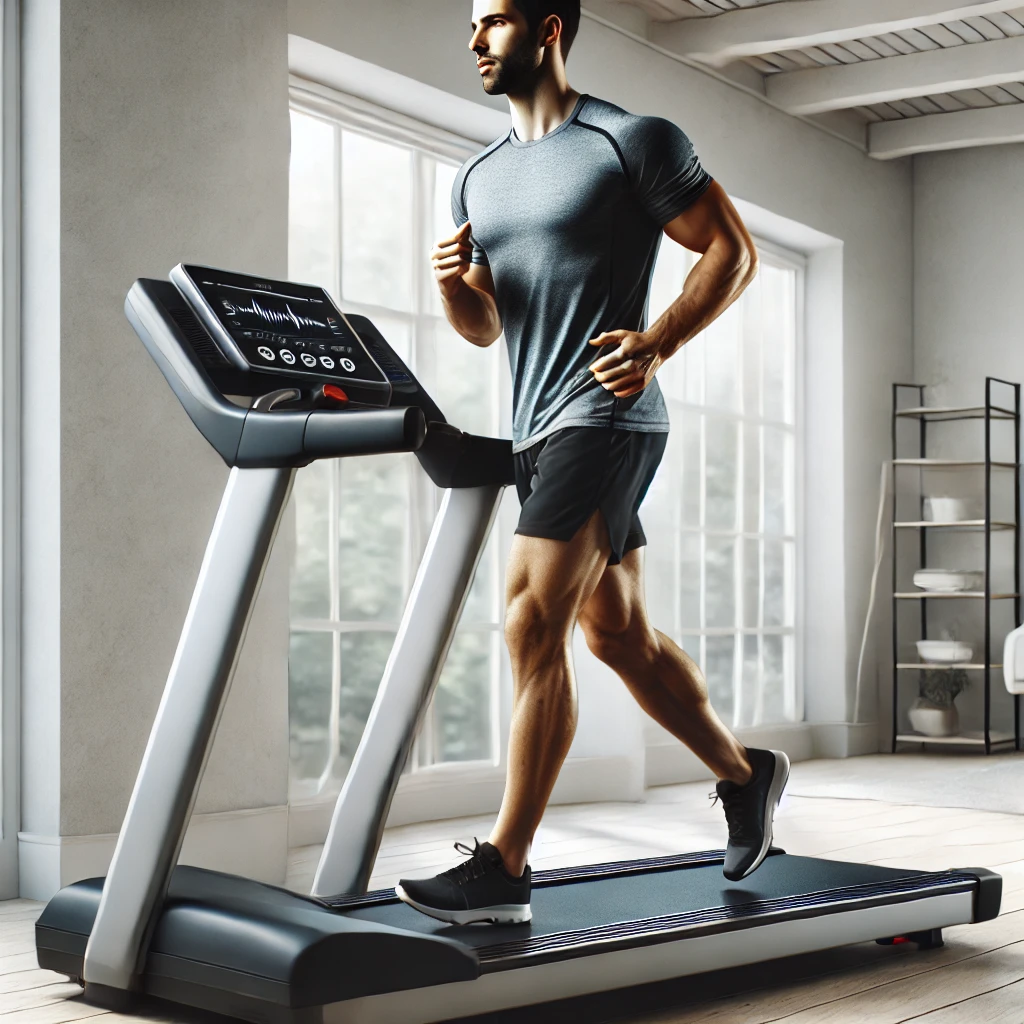 A realistic image of a fit male running on a modern treadmill in a bright, clean home gym setting. The man has a focused expression, wearing athletic