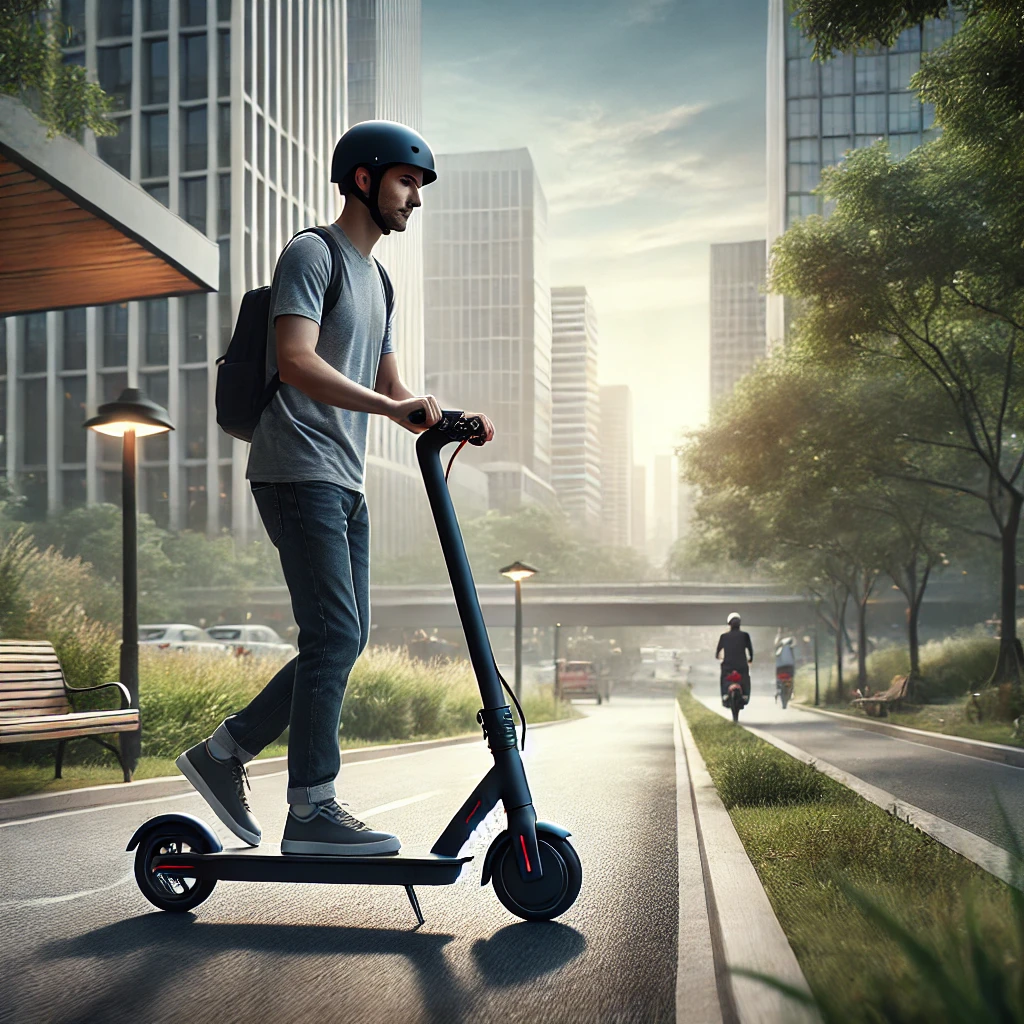 An adult riding a sleek electric scooter in an urban environment. The scooter features a modern, minimalist design in black with a foldable frame and