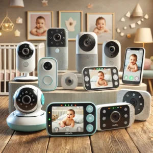 An illustration of various baby monitors displayed on a wooden table, featuring modern designs including local-video, Wi-Fi, and audio-only monitors.