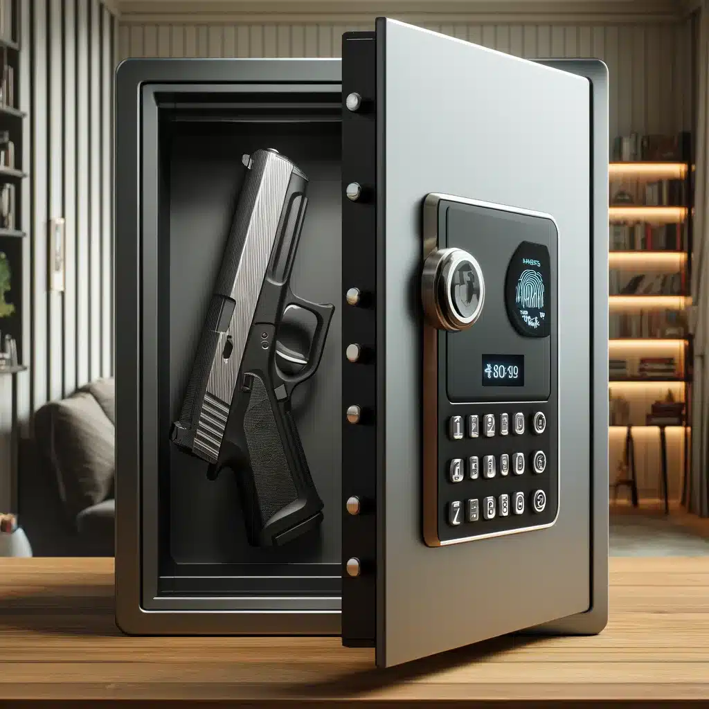 A high-resolution image of a sleek biometric gun safe placed on a modern wooden table in a secure home environment. The safe is open, showing a pistol