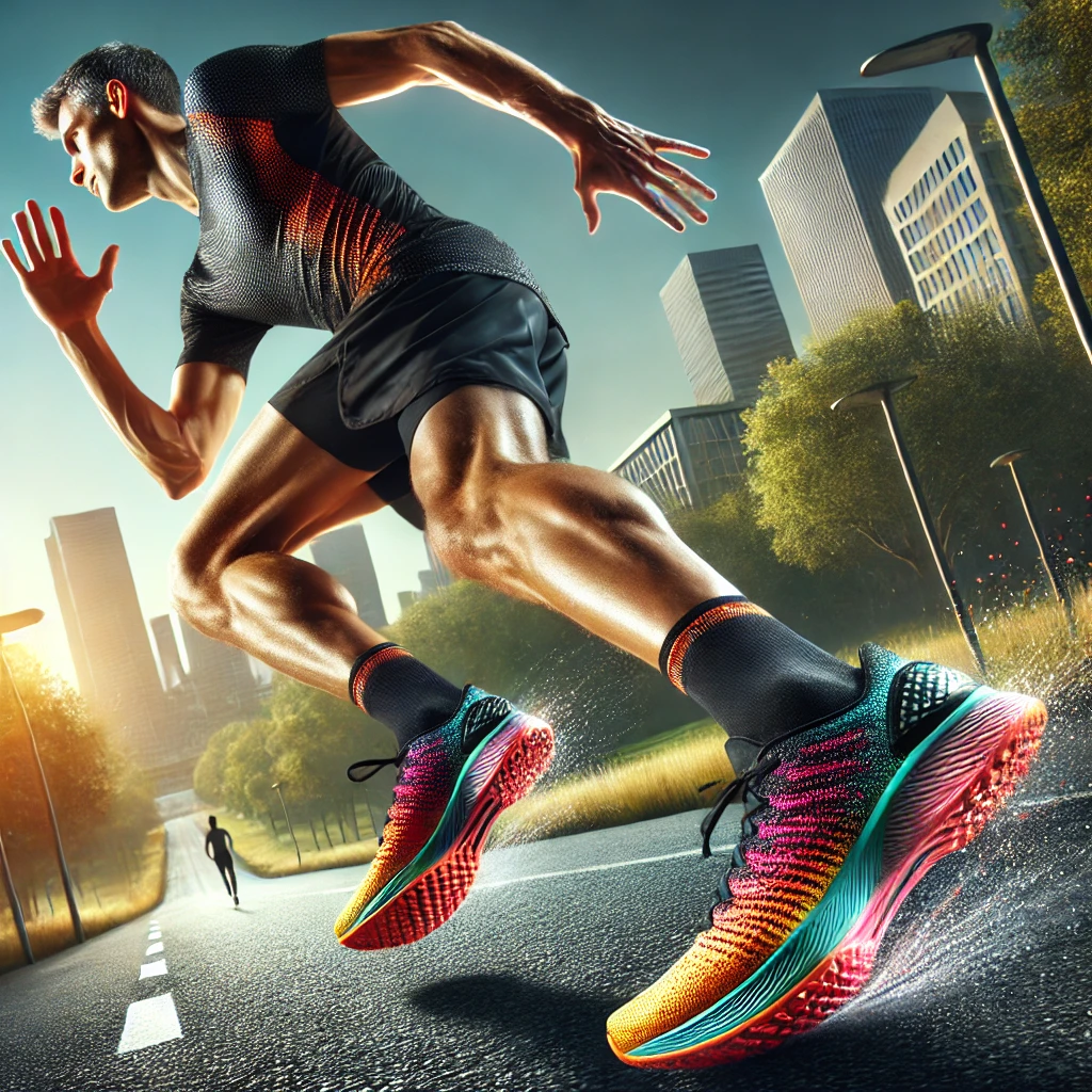 A vibrant and detailed image of a male runner in action on an urban running trail, wearing state-of-the-art carbon plate running shoes. The runner is