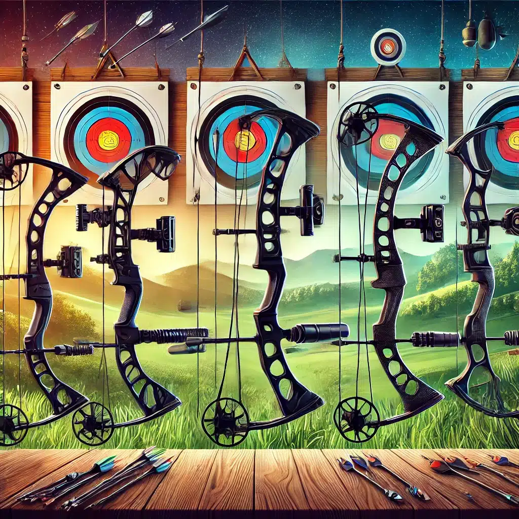 A high-quality illustration of ten premium compound bows displayed in an outdoor archery range. Each bow features sleek designs, advanced technology,