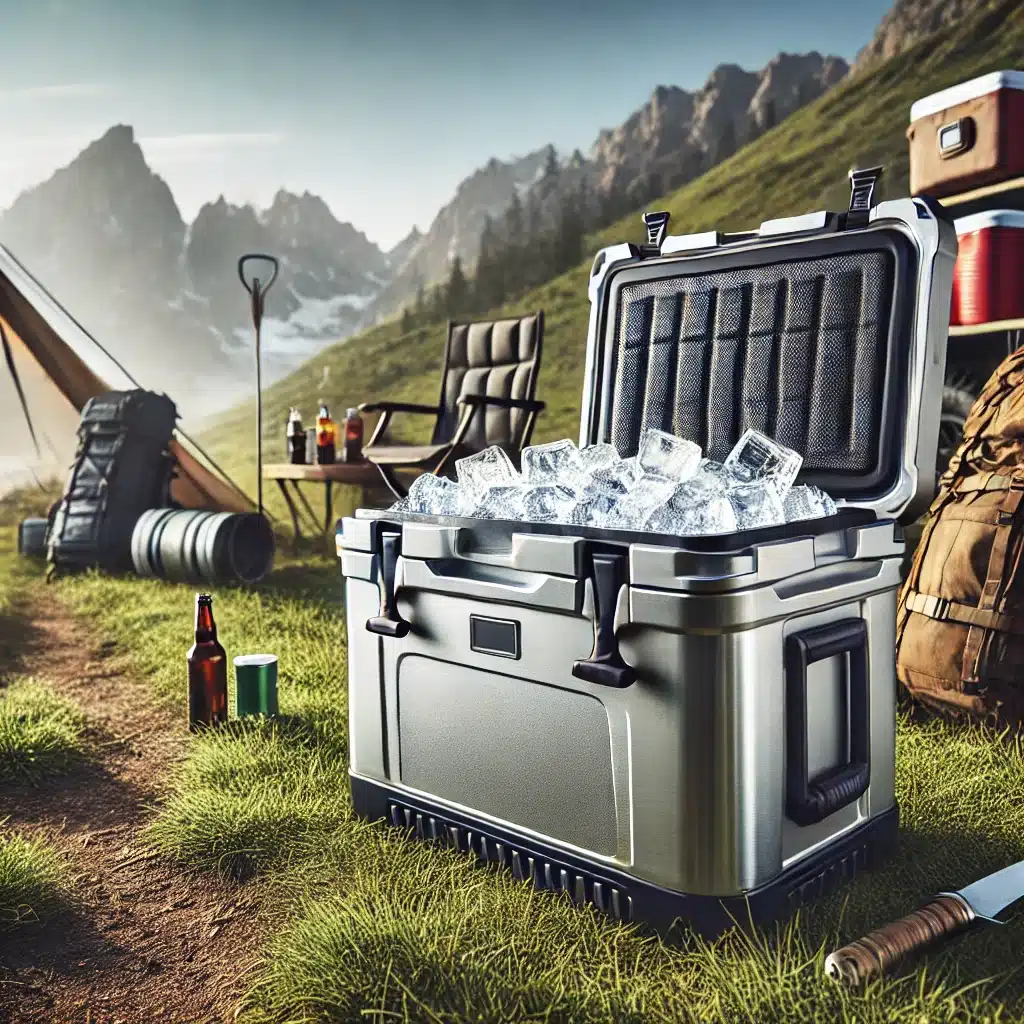 A detailed image of a high-performance cooler placed outdoors on a grassy campsite, filled with ice and beverages. The cooler is surrounded by camping