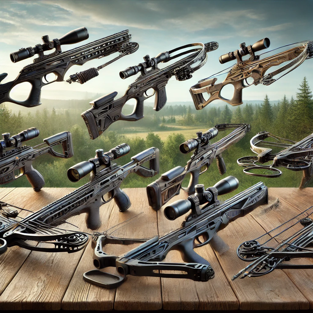 A high-quality illustration of eight premium crossbows displayed on a wooden table in a scenic outdoor hunting setting. Each crossbow showcases sleek,