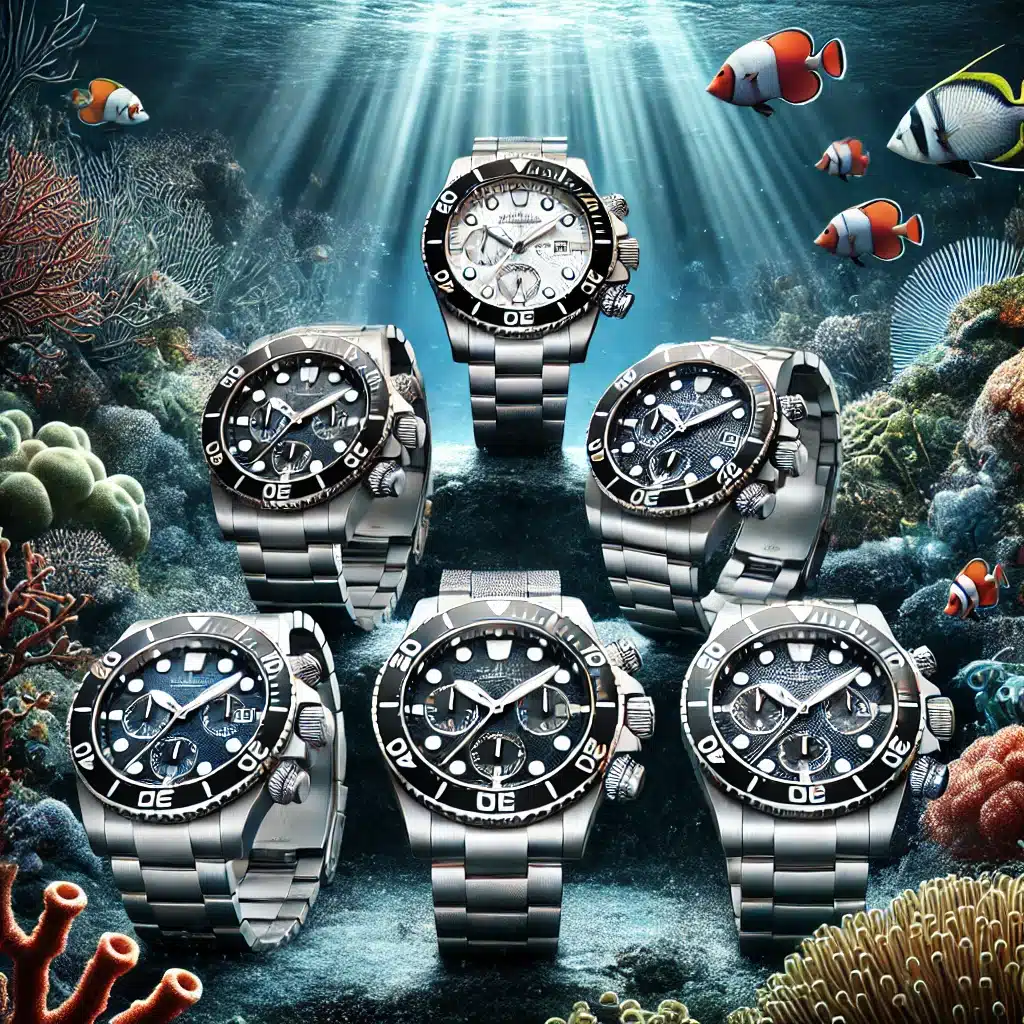 A high-quality and visually appealing illustration of six premium dive watches designed for deep sea exploration. The watches are displayed on a sleek