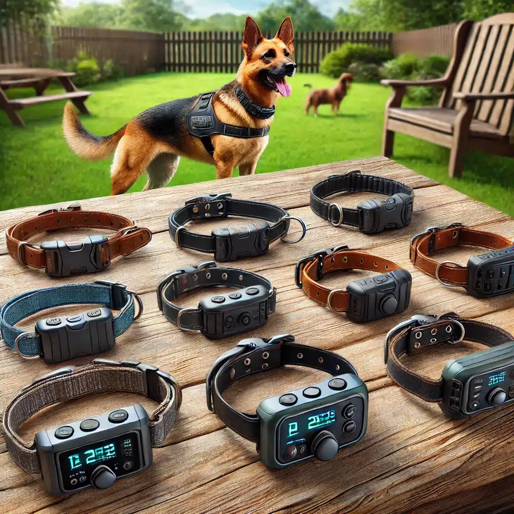 A high-quality illustration of seven premium dog training collars displayed on a rustic wooden table in a backyard setting. Each collar showcases mode