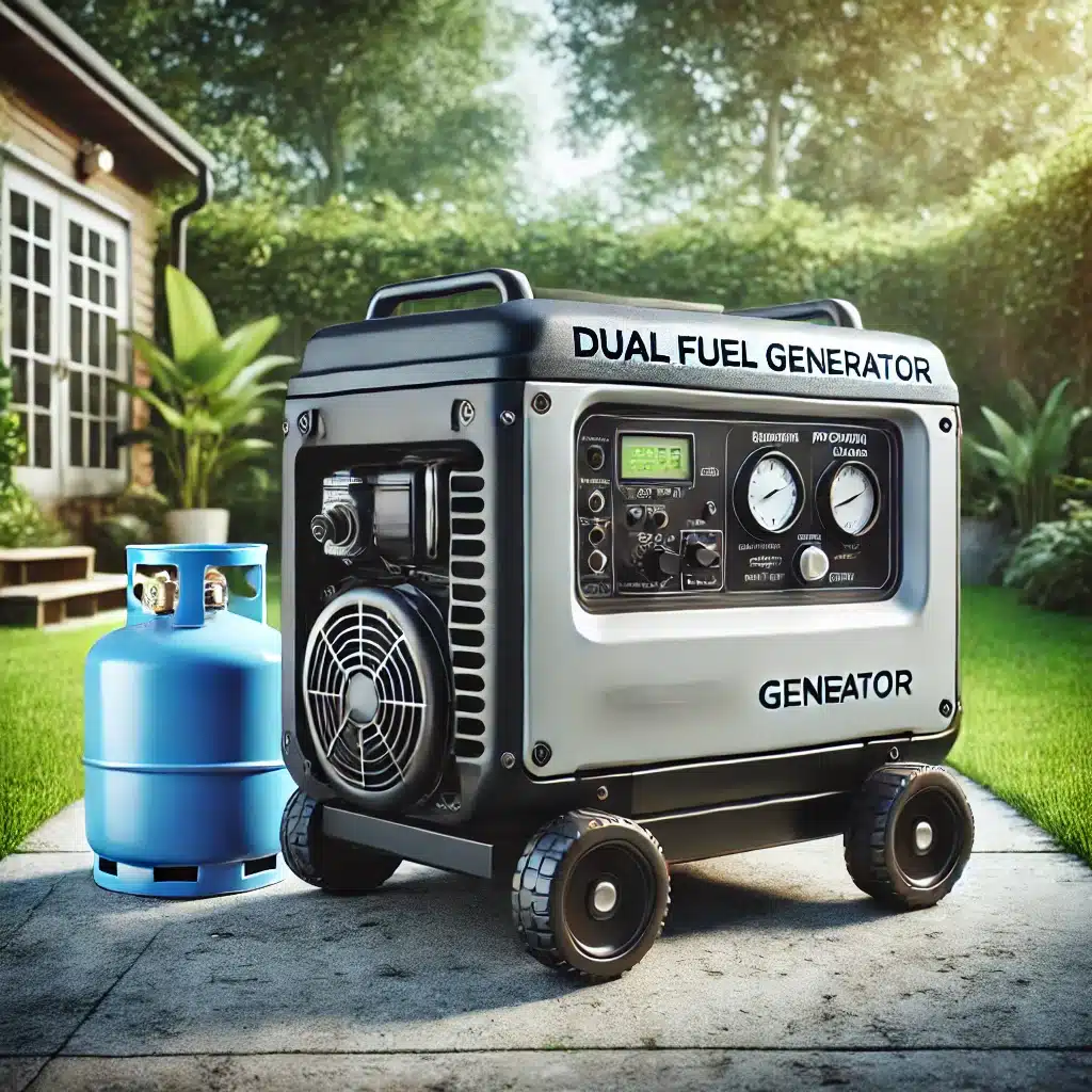 A high-quality image of a modern dual fuel generator placed outdoors on a concrete patio with a lush backyard in the background. The generator feature