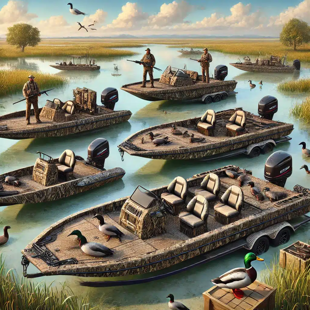 A high-quality illustration of five premium duck hunting boats set on a calm lake surrounded by marshland. Each boat showcases unique features such as