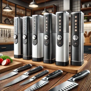 A high-quality illustration of six premium electric knife sharpeners, displayed on a modern kitchen countertop. Each sharpener has a sleek and compact