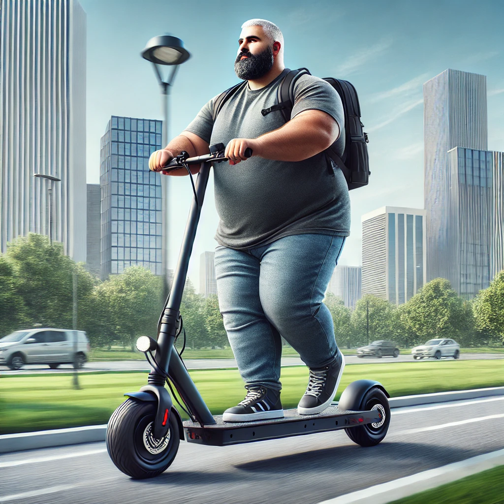 A heavy-set adult confidently riding a durable and stylish electric scooter designed for individuals weighing 250 lbs and over. 