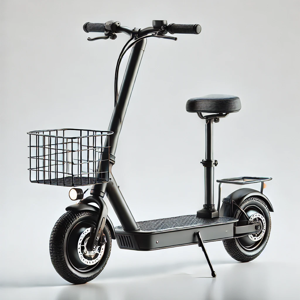 An electric scooter designed for adults with a seat and a rear basket, featuring a sleek black frame and durable tires. The scooter is shown in a mini