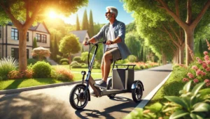 An adult riding a sleek and modern electric tricycle in a scenic outdoor setting. The tricycle features a comfortable seat, spacious rear basket, and