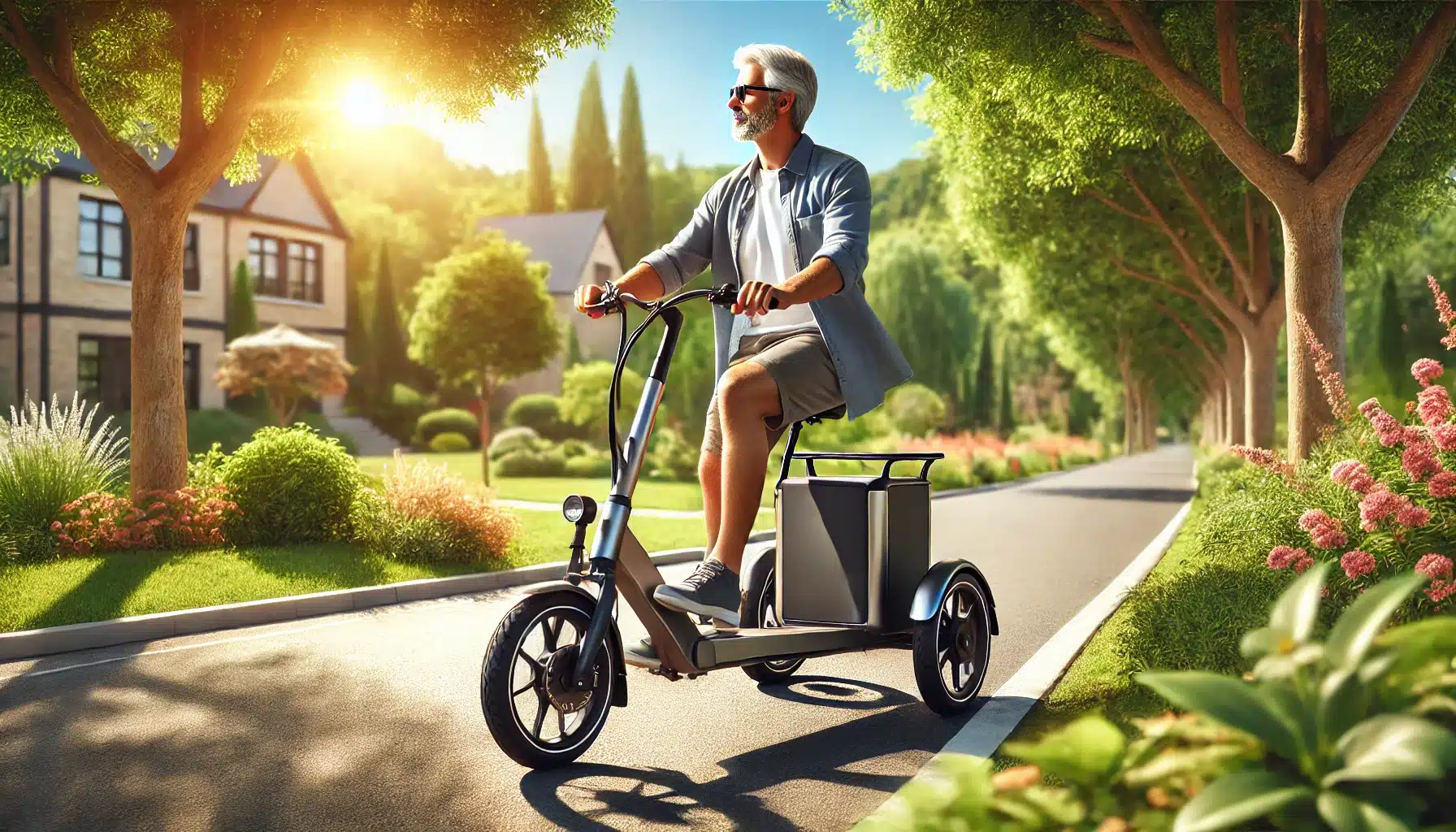 An adult riding a sleek and modern electric tricycle in a scenic outdoor setting. The tricycle features a comfortable seat, spacious rear basket, and