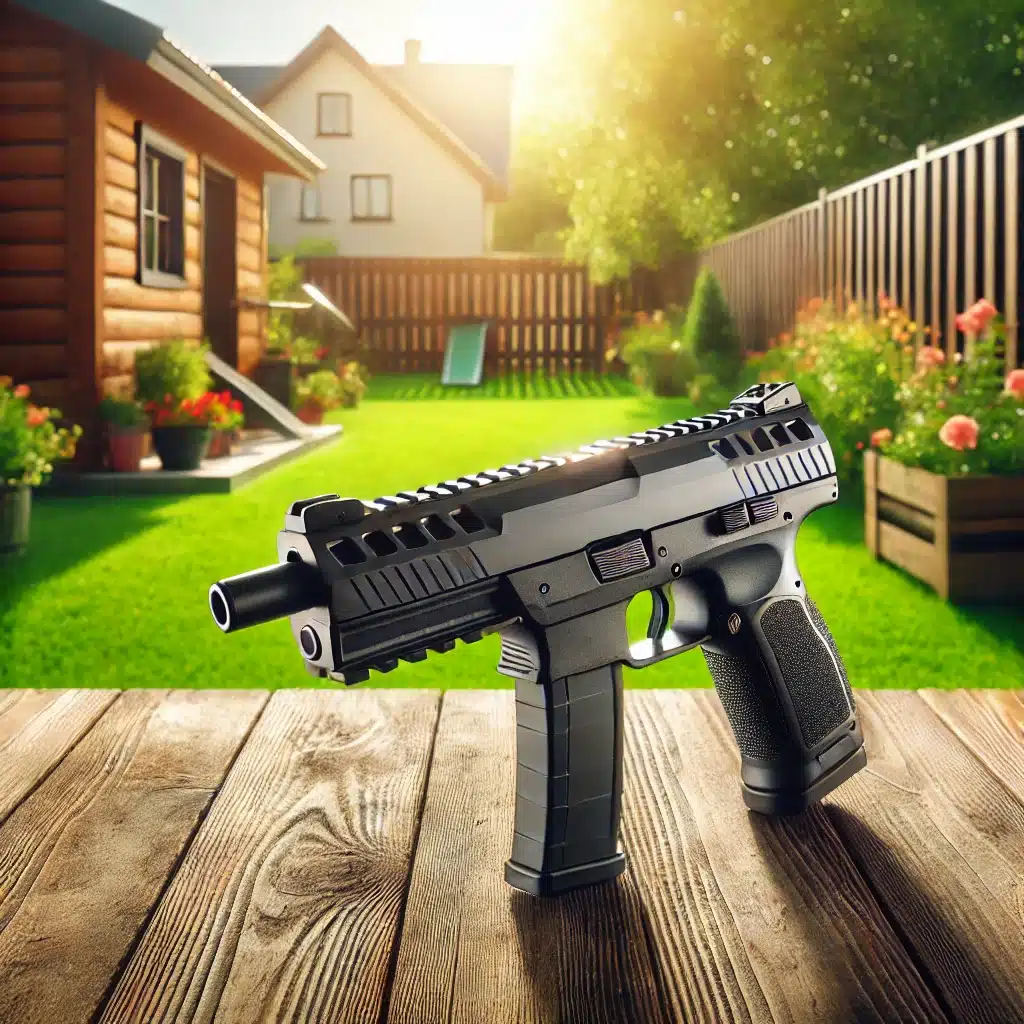 A high-quality image showcasing a sleek, modern full auto BB gun placed on a wooden table outdoors, with a vibrant backyard setting in the background