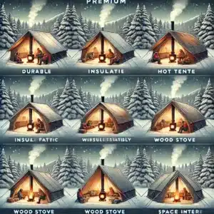 A high-quality illustration of eight premium hot tents designed for winter camping, set in a snowy forest. Each tent showcases features like durable,