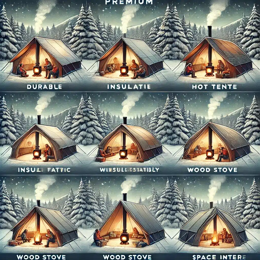 A high-quality illustration of eight premium hot tents designed for winter camping, set in a snowy forest. Each tent showcases features like durable,