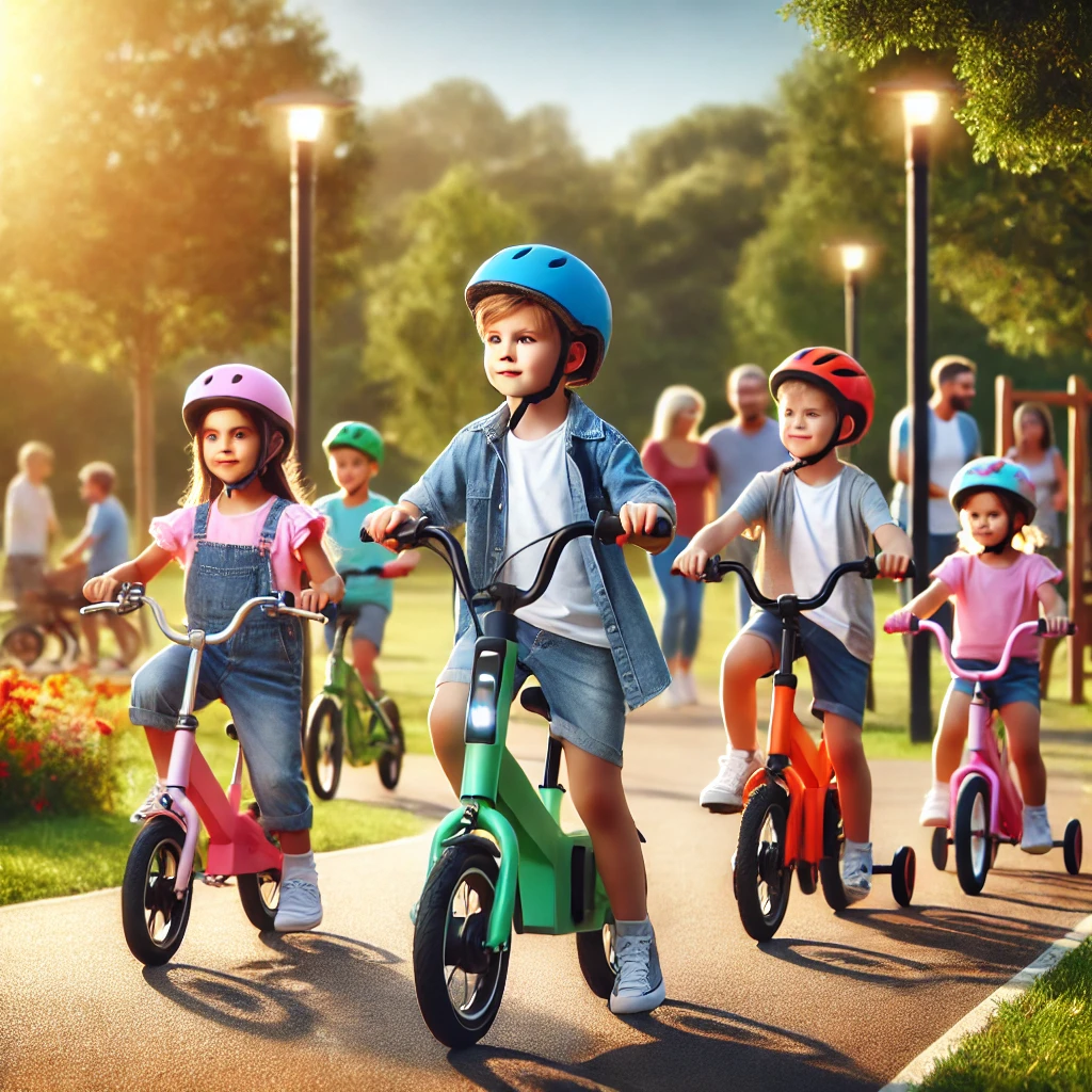 A group of kids riding electric bikes in a safe neighborhood park. The bikes are child-friendly with bright, fun colors, proper safety features like r