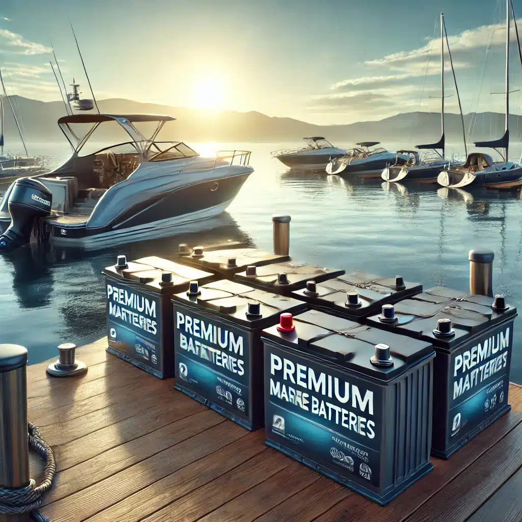 A high-quality illustration of eight premium marine batteries displayed on a dock near a boat and watercraft in a serene harbor setting. Each battery