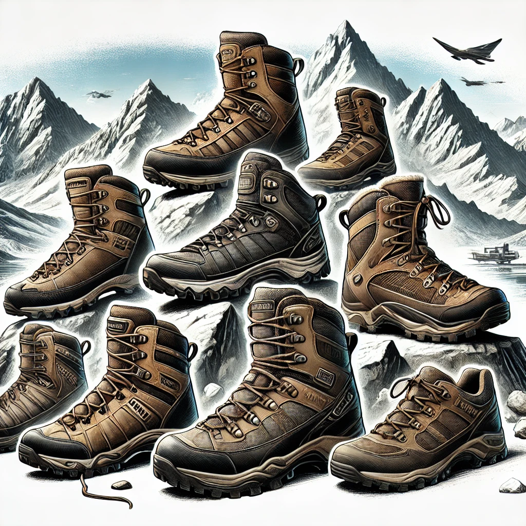 A high-quality illustration of eight premium mountaineering boots, each uniquely designed for extreme climates. The boots are arranged on a rocky alpi