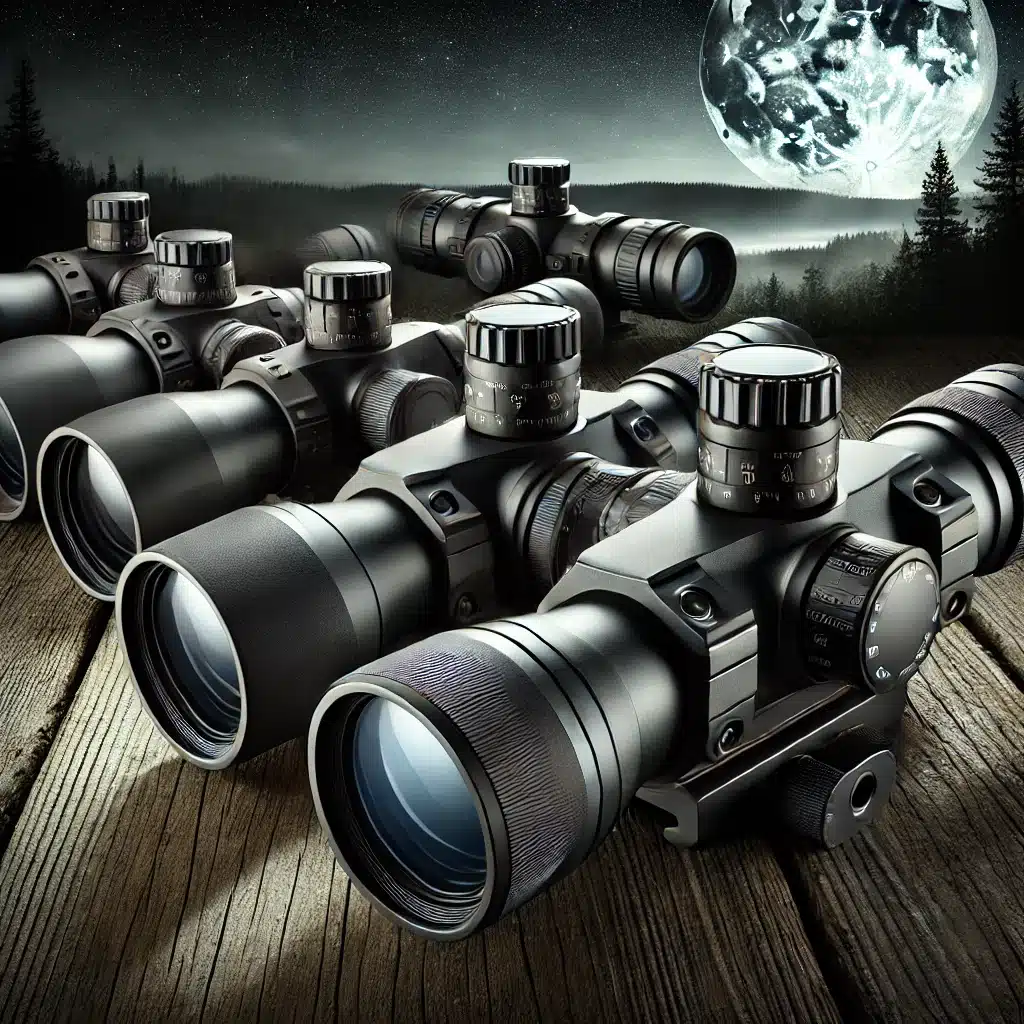 A high-quality illustration of six premium night vision scopes displayed on a rugged wooden table in a nighttime hunting scene. Each scope features sl