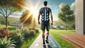 A visually engaging image showcasing a person walking outdoors wearing a sleek weighted vest designed for osteoporosis exercises. The scene includes a