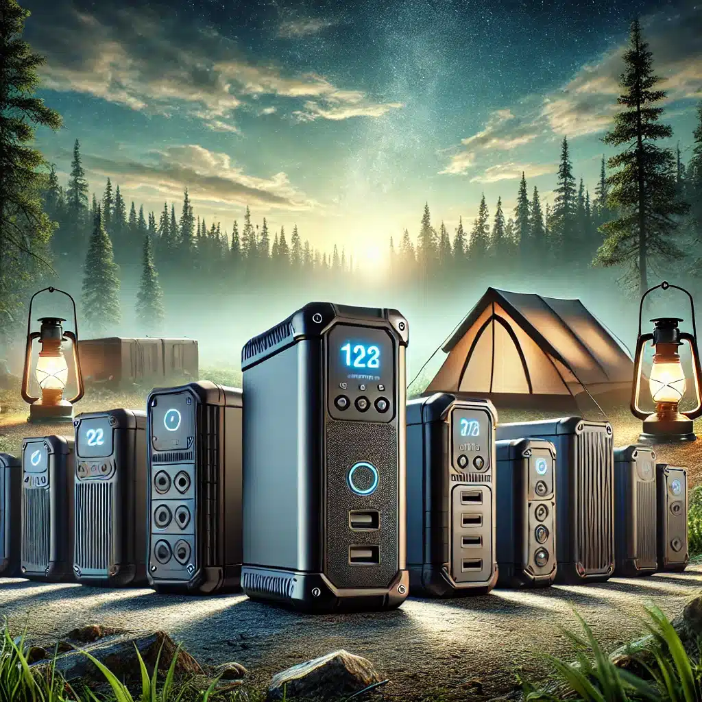 A high-quality illustration of ten premium portable power stations displayed in a rugged outdoor setting. Each power station features sleek, durable