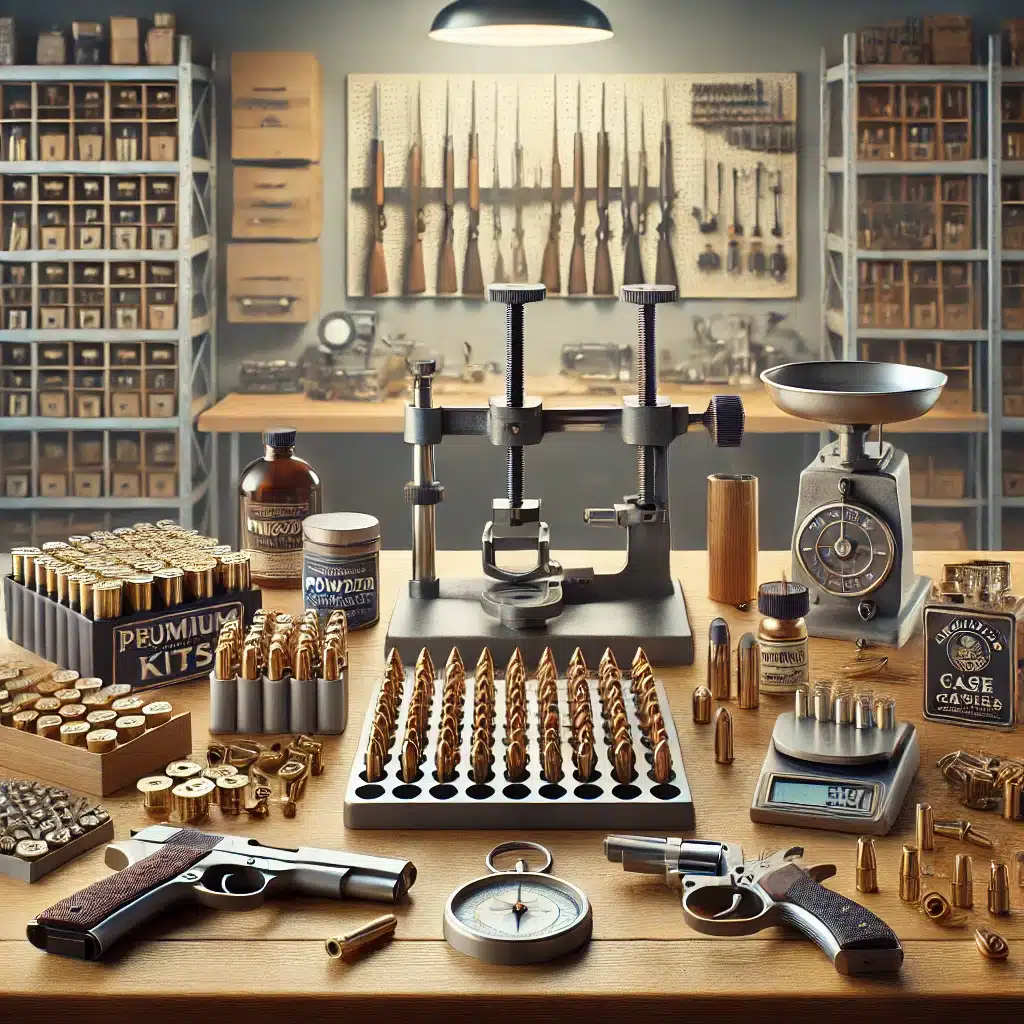 A detailed illustration of ten premium reloading kits arranged neatly on a sturdy workbench in a professional reloading setup. The scene includes high