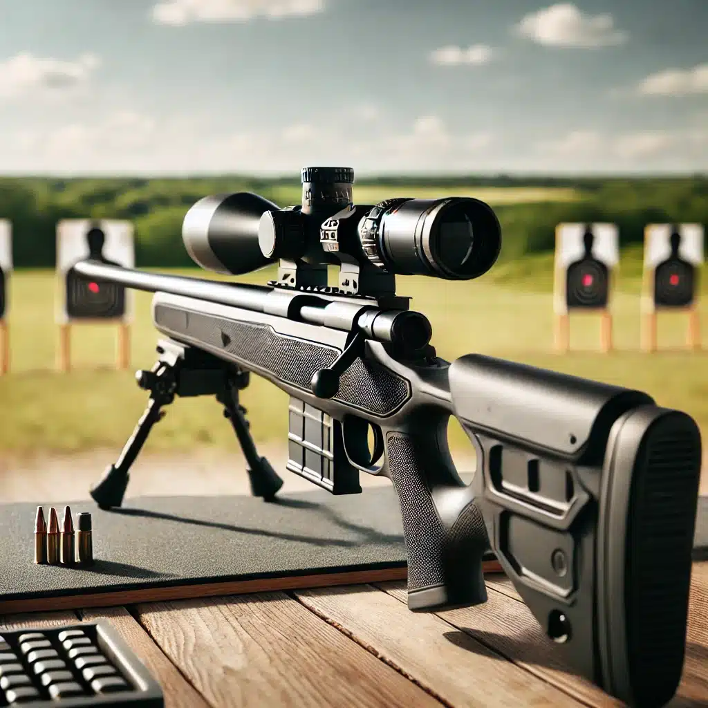 A high-resolution image featuring a sleek rimfire rifle equipped with a high-quality precision scope. The rifle is placed on a sturdy shooting bench i