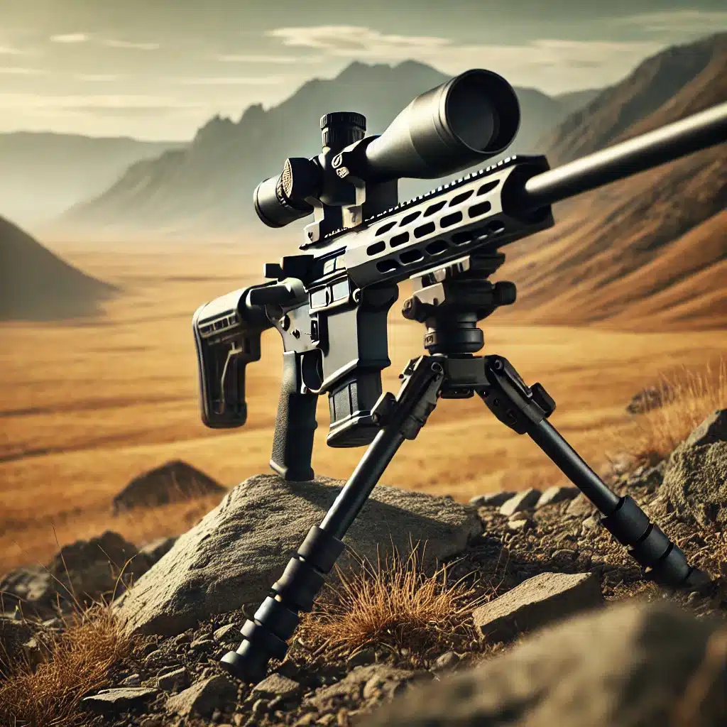 A high-quality image of a modern hunting rifle set up on a rugged bipod, positioned on rocky terrain with a vast open field and distant mountains in t