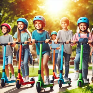 A group of happy children riding colorful electric scooters in a park on a sunny day. The scooters are sleek, modern, and designed for kids, with brig