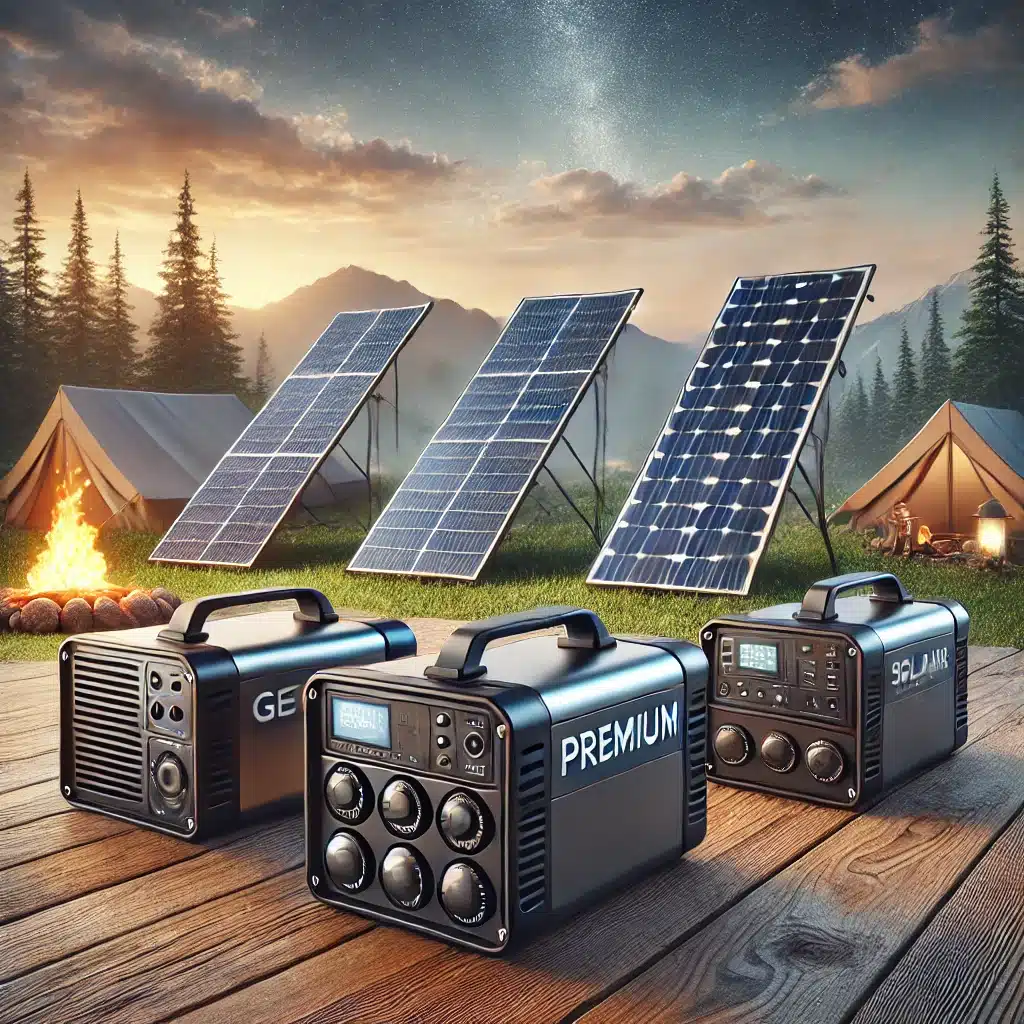 A high-quality illustration of five premium solar generators displayed in an outdoor camping setting. Each generator features sleek designs with solar