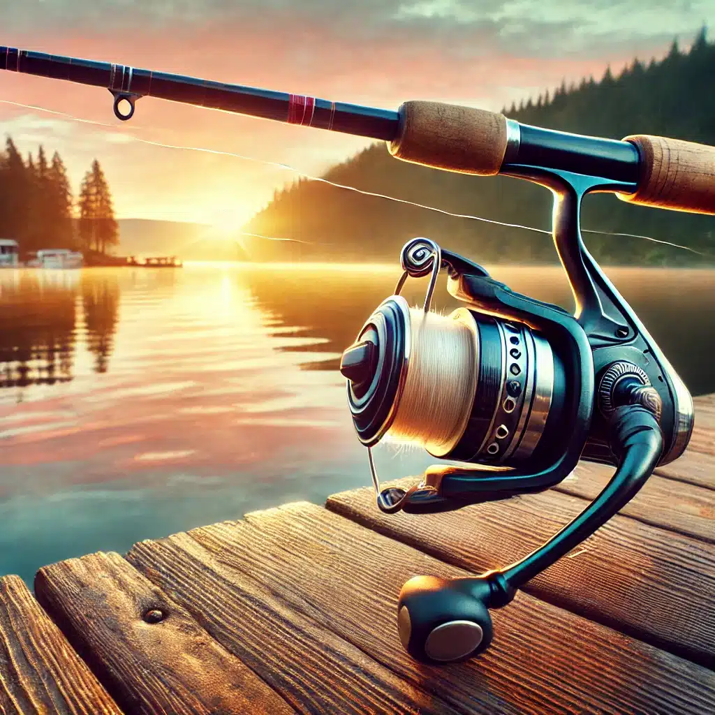 A high-resolution image of a fishing rod with a spinning reel placed on a lakeside pier. The reel is spooled with a clear monofilament fishing line ex