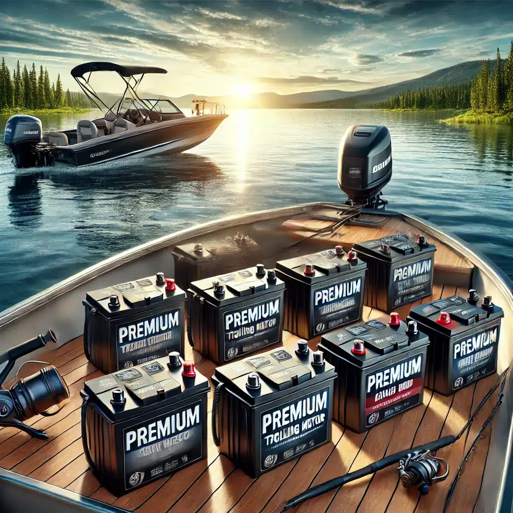 A high-quality illustration of seven premium trolling motor batteries displayed on a fishing boat with scenic water in the background. Each battery sh