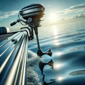 A high-quality digital illustration of a saltwater trolling motor attached to a sleek fishing boat, gliding over calm ocean waters during a bright, su