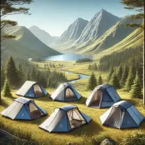 A high-quality illustration of seven ultralight tents designed for backpacking adventures, displayed in a scenic mountain setting. Each tent showcases