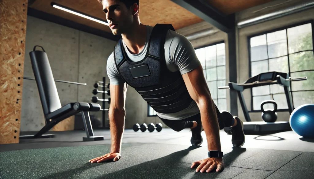 A fitness enthusiast wearing a sleek weighted vest while performing a workout in a modern gym setting. The person is in mid-motion, doing push-ups wit