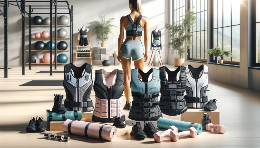 A visually appealing fitness-themed image showcasing a variety of weighted vests designed for women, arranged on a light wooden gym floor.