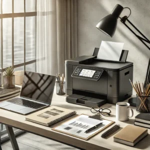 A modern office desk setup featuring a high-tech printer, surrounded by organized office supplies such as documents, a laptop, and stationery. The sce