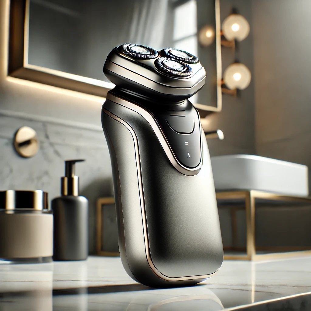 A sleek and modern electric shaver, featuring a metallic finish and advanced ergonomic design, placed on a clean bathroom countertop with subtle light