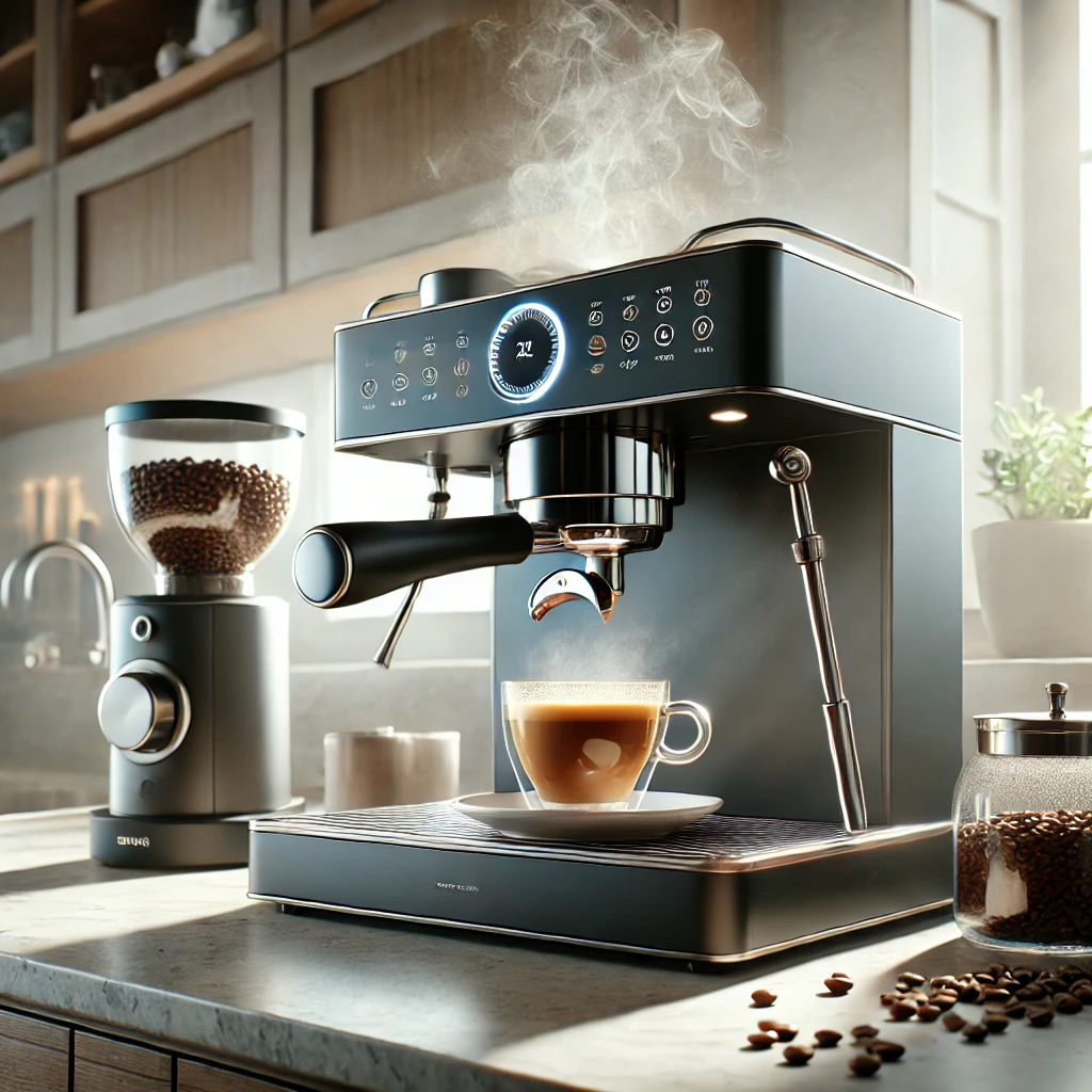 A modern and stylish kitchen countertop featuring a sleek espresso machine with a cup of freshly brewed espresso, steam rising elegantly. The countert