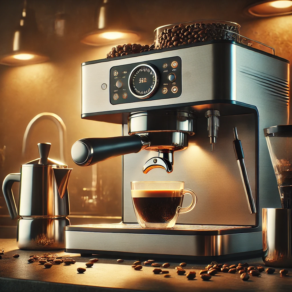 A high-quality, modern kitchen setting featuring a sleek espresso machine with a built-in grinder on a countertop. The espresso machine is surrounded